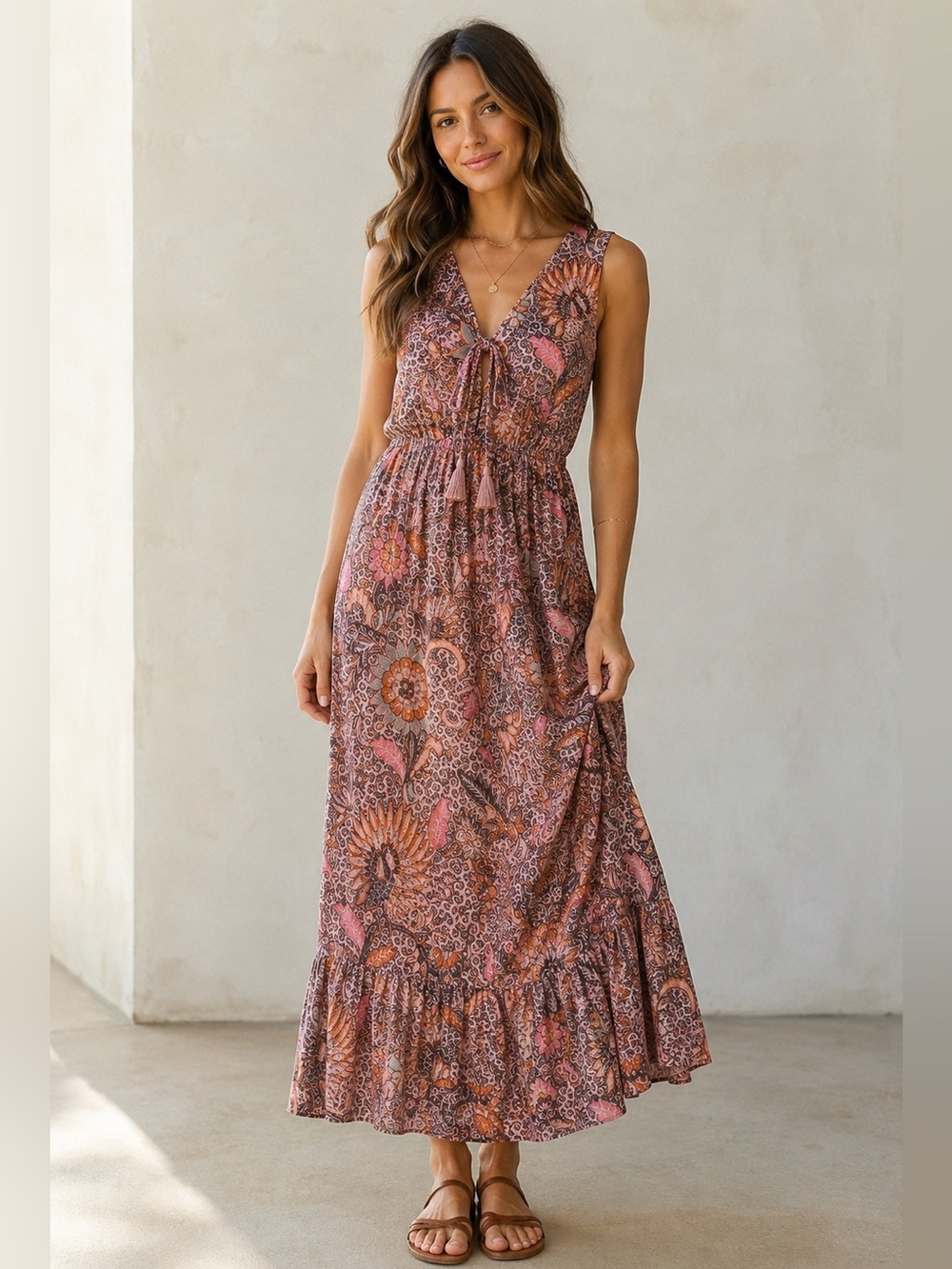 Madewell Pink and Brown Floral Tie-Front Maxi Dress
